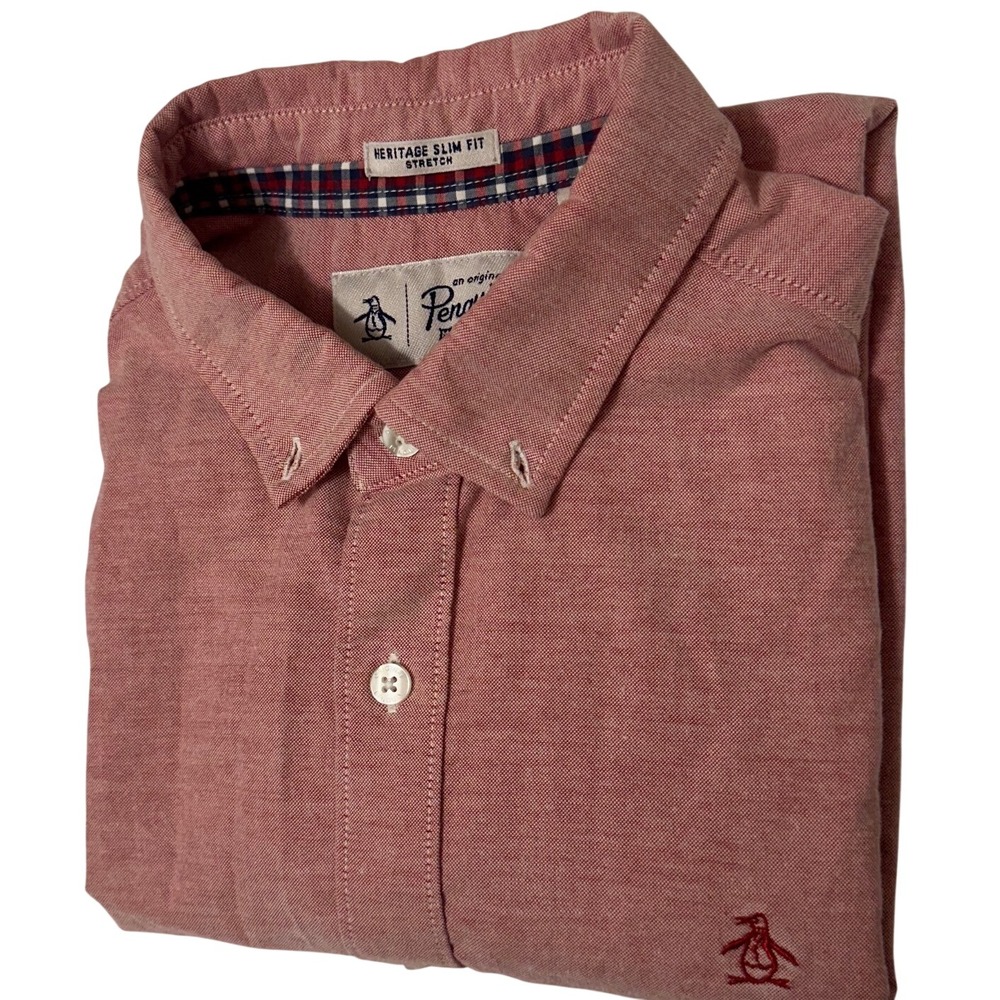 Original Penguin Mens Heritage Slim Fit Short Sleeve Button Down Shirt Red XL